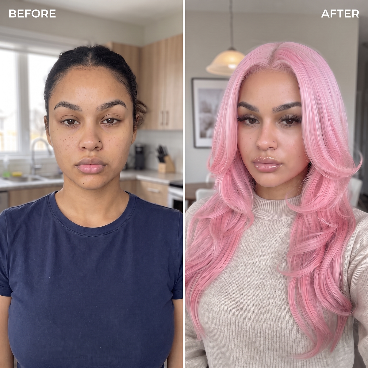 Pink rose long wavy wig worn by model, deep side part and voluminous layers