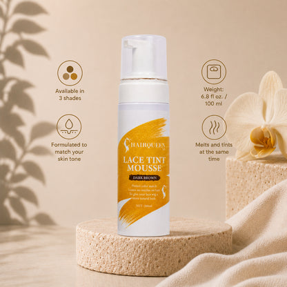 Lace tint mousse bottle on round sponge base, dark brown