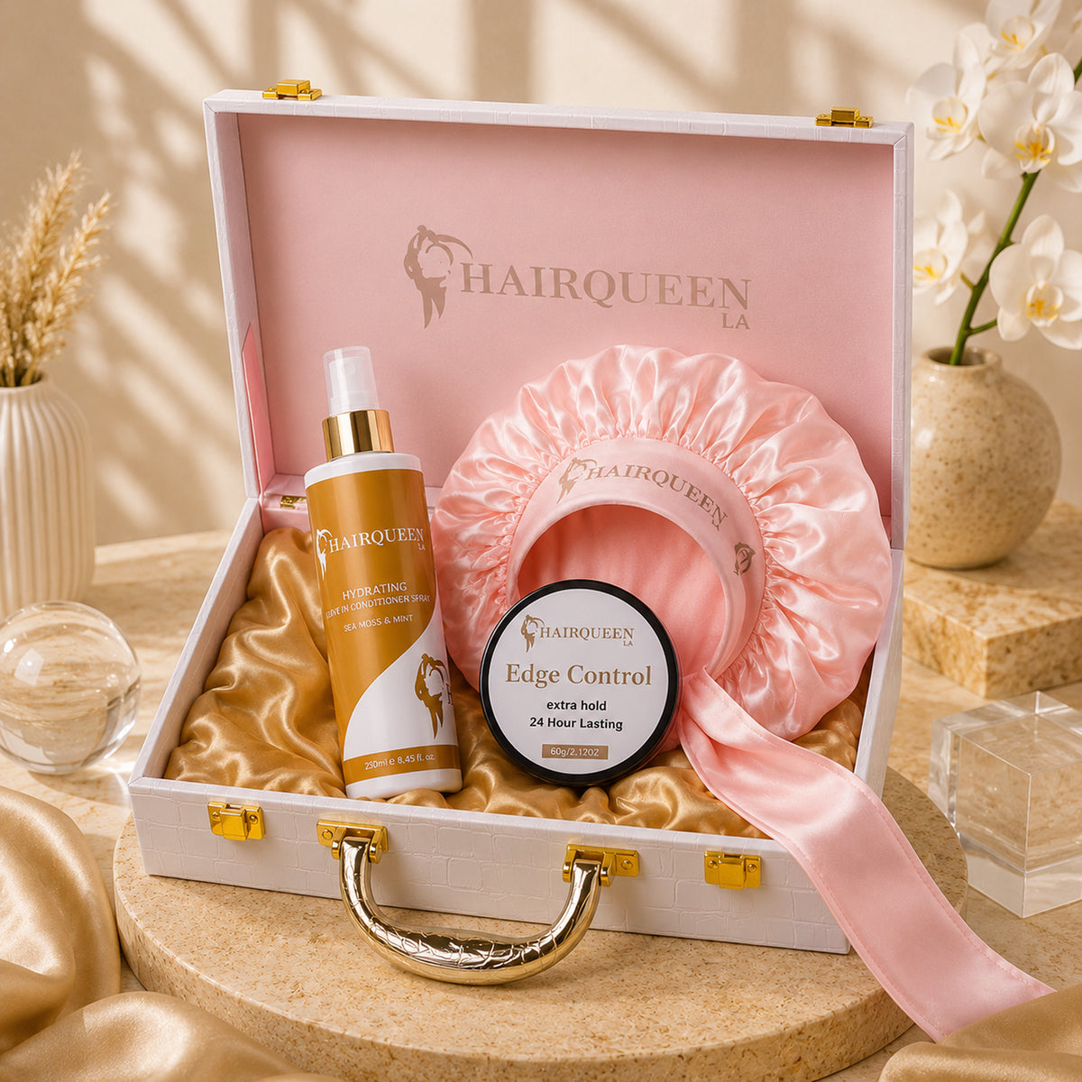 Open gift case featuring pink satin bonnet, HAIRQUEEN spray bottle, and edge control jar