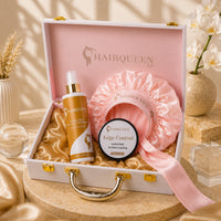Open gift case featuring pink satin bonnet, HAIRQUEEN spray bottle, and edge control jar