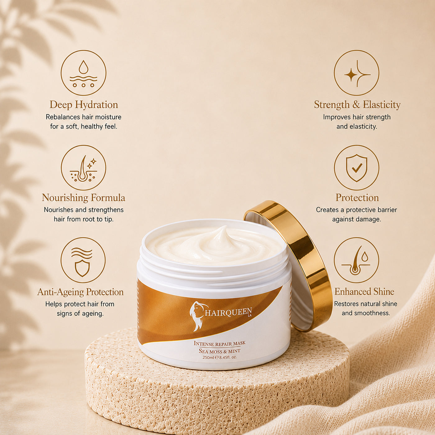 Hair repair mask jar with golden lid and visible cream on top