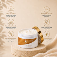 Hair repair mask jar with golden lid and visible cream on top