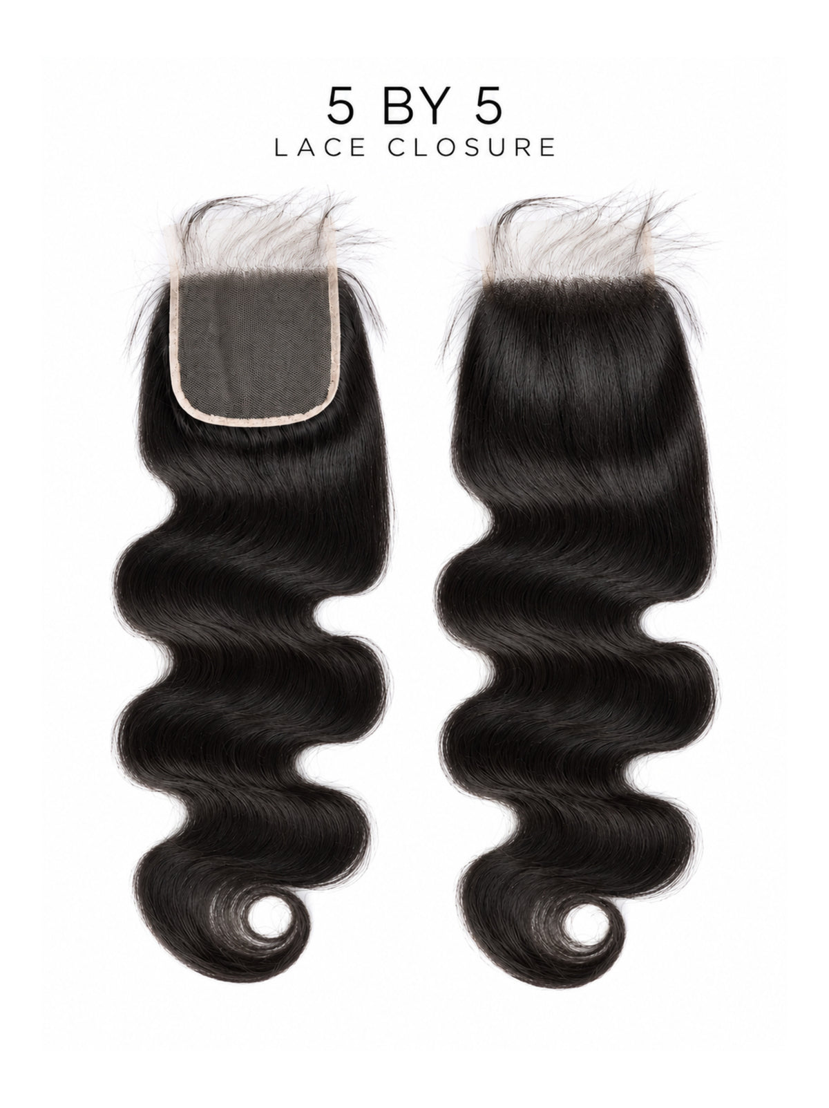 5x5 lace closure with dark body wave curls and lace front, two matching sections