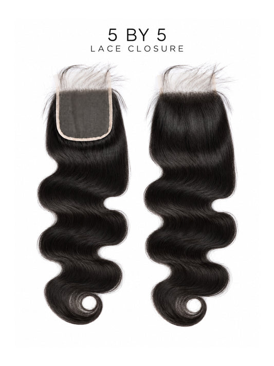 5x5 lace closure with dark body wave curls and lace front, two matching sections