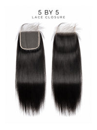 5x5 lace closure with dark straight hair and lace front, two matching sections