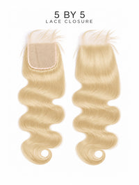5x5 lace closure with blonde wavy hair and lace front, two matching sections