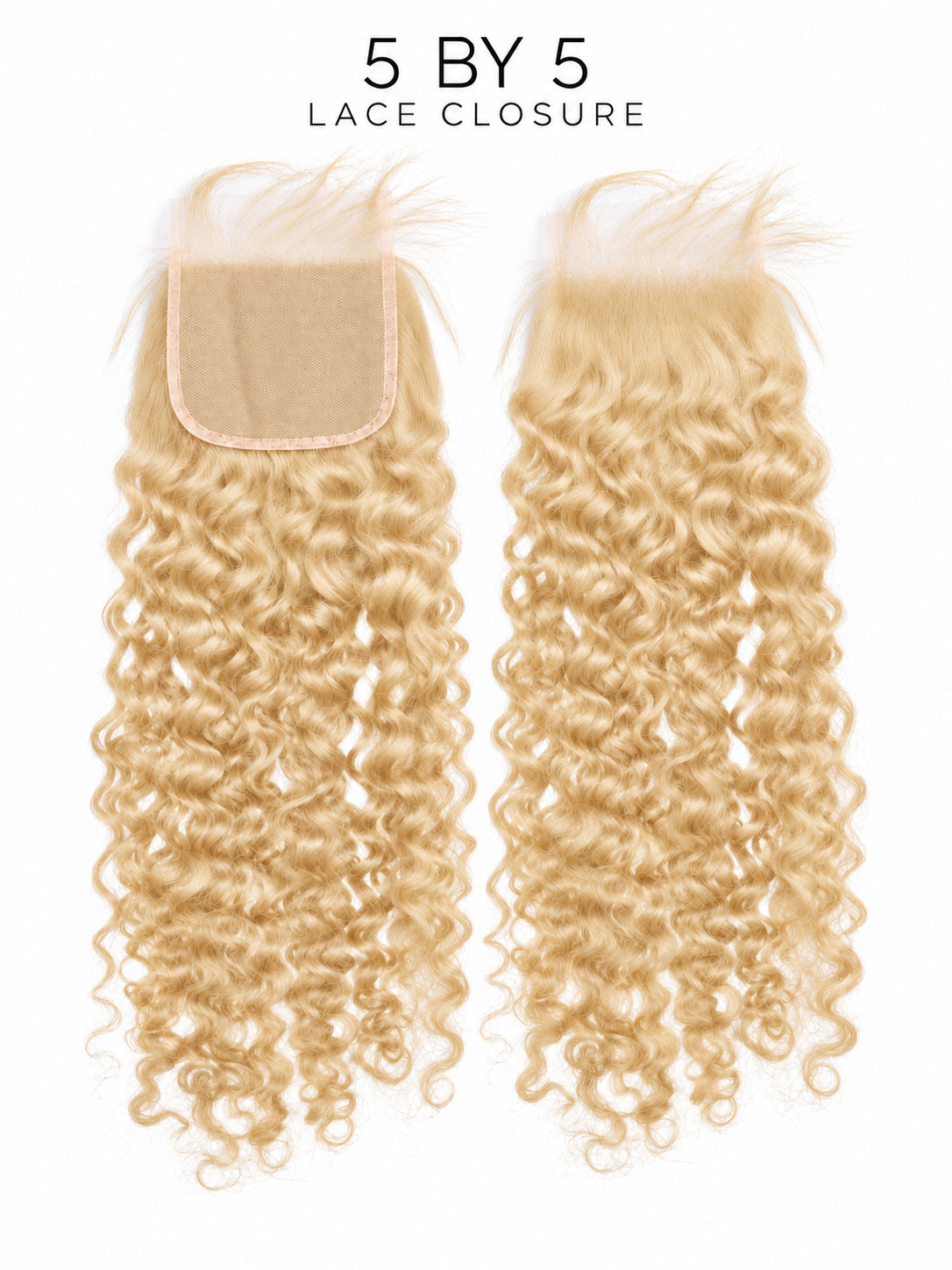 5x5 lace closure with light blonde curly hair and lace front, two matching sections