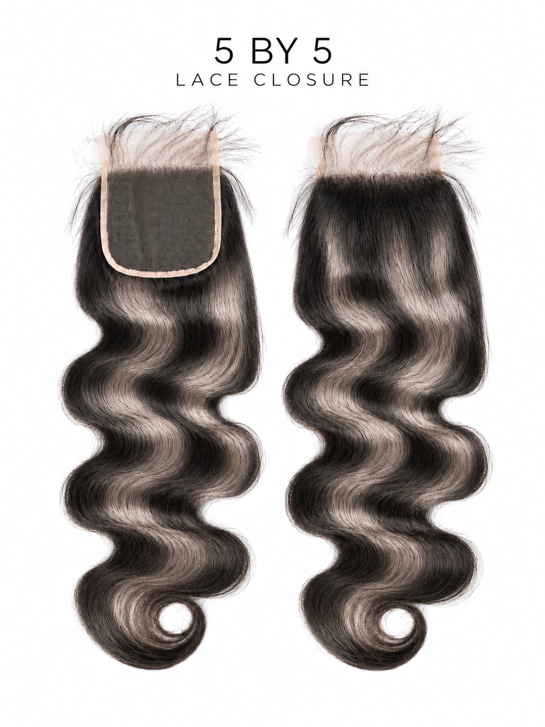 5x5 HD lace closure set with wavy dark hair and gray undertones; lace base shown