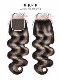 5x5 HD lace closure set with wavy dark hair and gray undertones; lace base shown