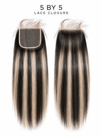 5x5 HD lace closure set with straight light-and-dark streaked hair; lace base shown