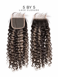 5x5 HD lace closure set with curly dark brown hair; lace base visible