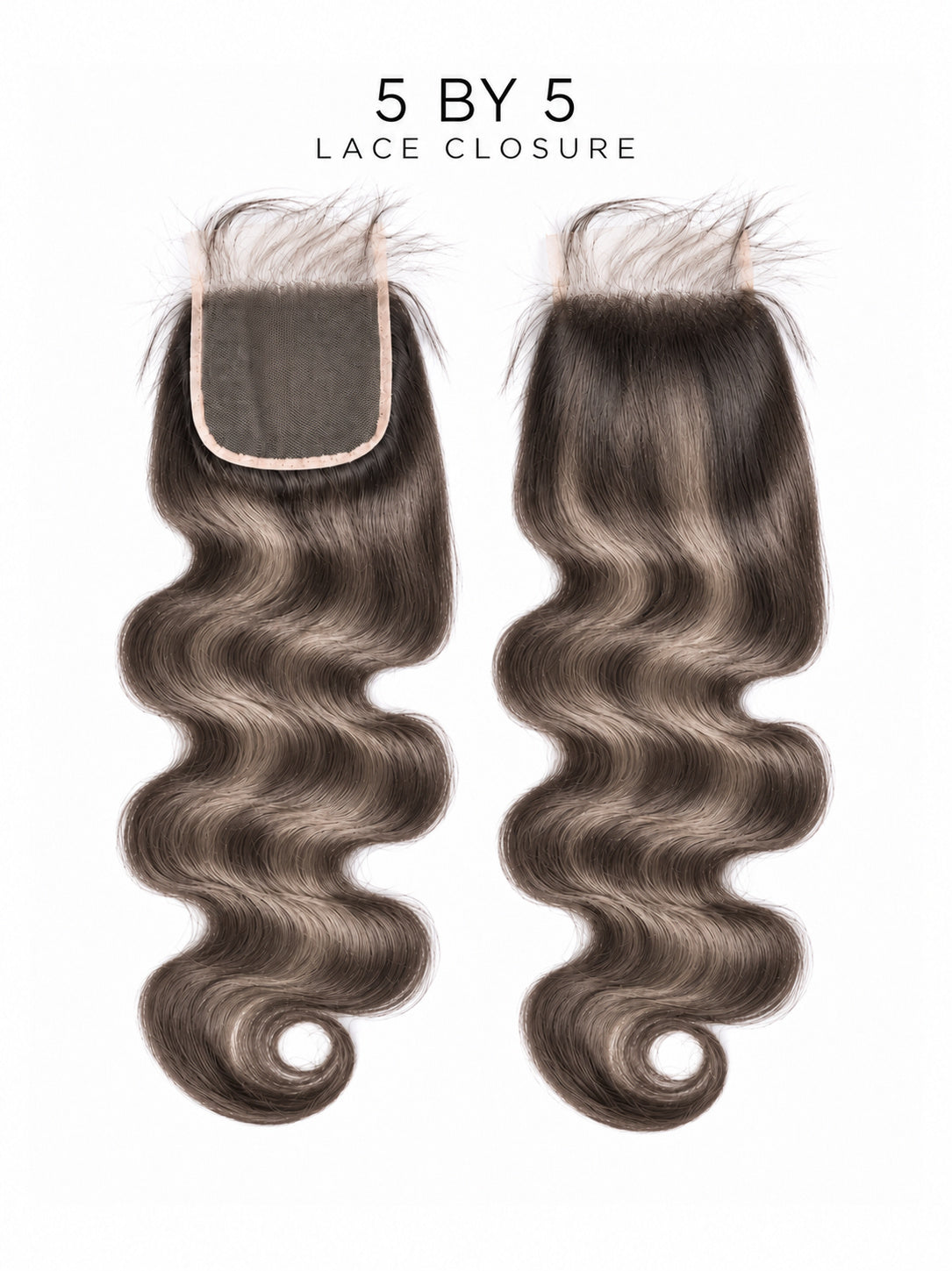 5x5 HD lace closure set with loose wavy dark hair and gray highlights; lace base shown