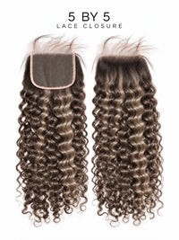 5x5 HD lace closure set with curly dark hair and subtle lighter tones; lace base visible