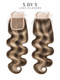 5x5 lace closure with loose body-wave hair in ash brown, visible lace cap