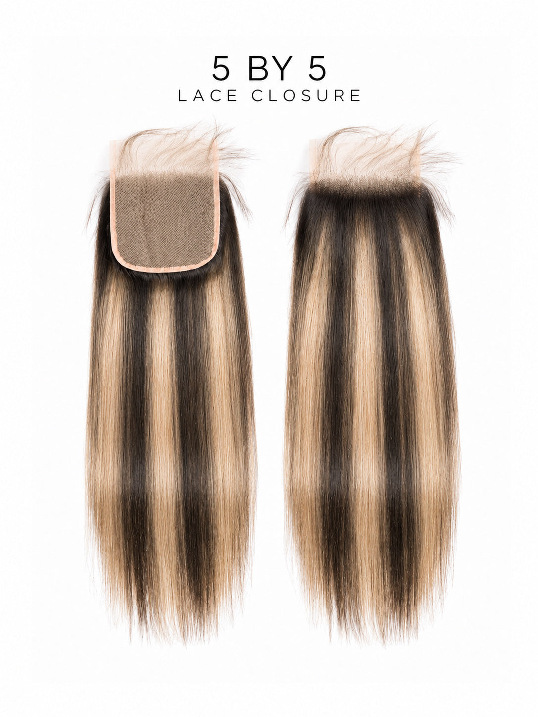 5x5 lace closure with straight hair, dark roots fading to blonde, lace cap shown