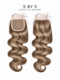 5x5 lace closure with loose body-wave hair in taupe, rounded lace cap centered