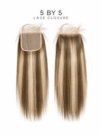 5x5 lace closure with straight honey blonde hair, visible lace cap and part