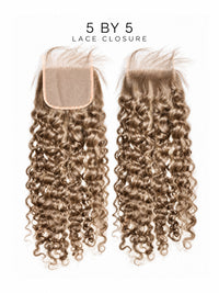 5x5 lace closure with tight curly hair in rich brown, lace cap and curls shown