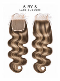 5x5 lace closure with loose waves, ash brown and blonde mix