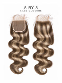 5x5 lace closure with loose waves, ash brown and cool blonde