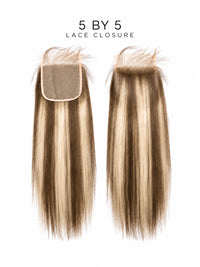 5x5 lace closure with straight hair, warm blonde and light brown