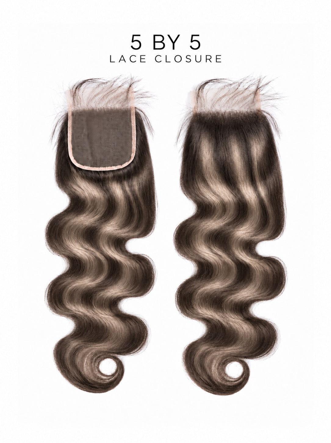5x5 lace closure with wavy ash-brown hair and square lace cap