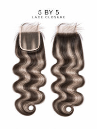 5x5 lace closure with body-wave hair, dark charcoal gray, two hair panels