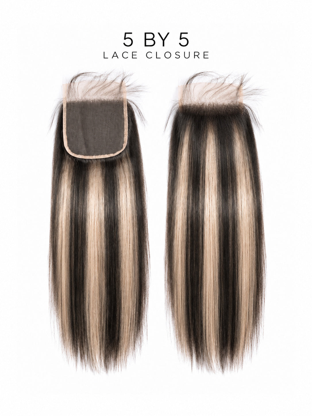 5x5 lace closure with straight hair, light ash-blonde stripes over a dark base