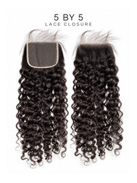 5x5 lace closure with dark curly hair and lace front, two matching sections