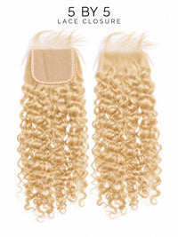 5x5 lace closure with light blonde curly hair and lace front, two matching sections