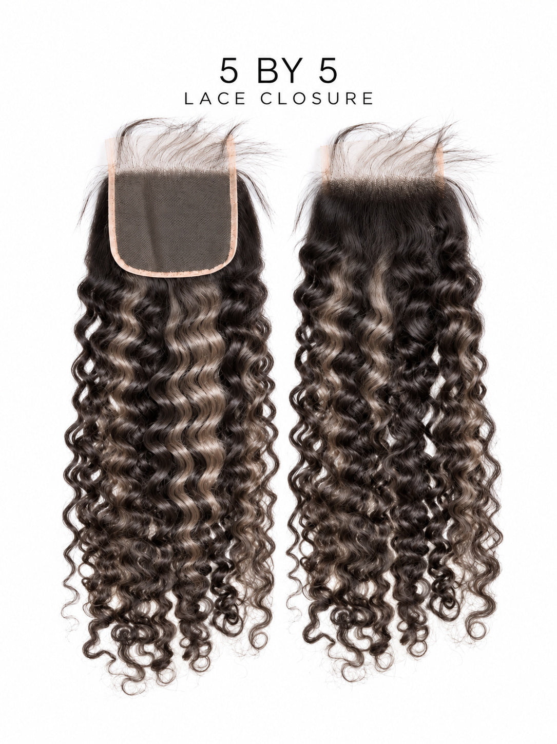 5x5 HD lace closure set with short curly dark hair; lace base visible