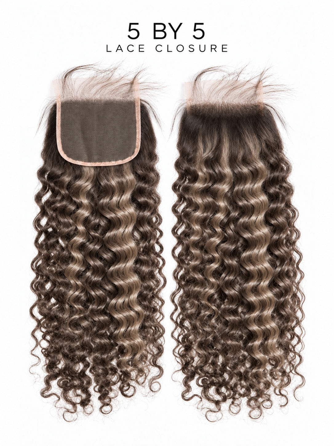5x5 HD lace closure set with curly dark hair and lighter highlights; lace base visible