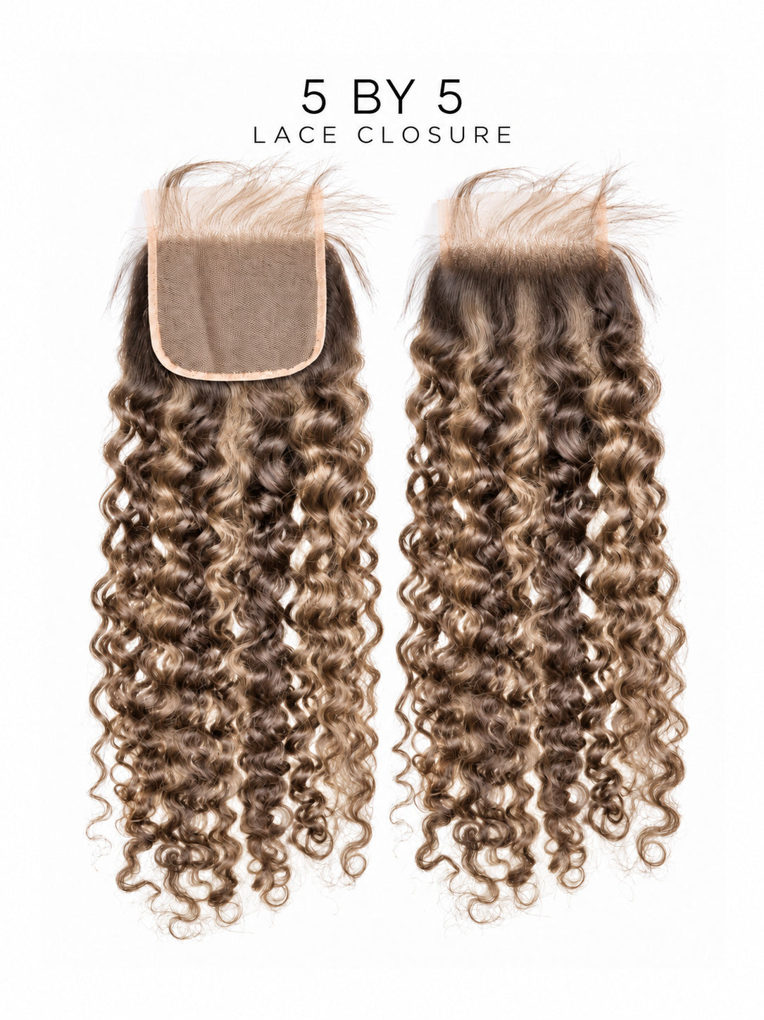 5x5 lace closure with tight curly hair in medium-dark brown, clear lace cap