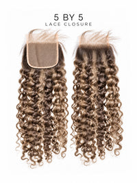 5x5 lace closure with tight curly hair in medium-dark brown, clear lace cap