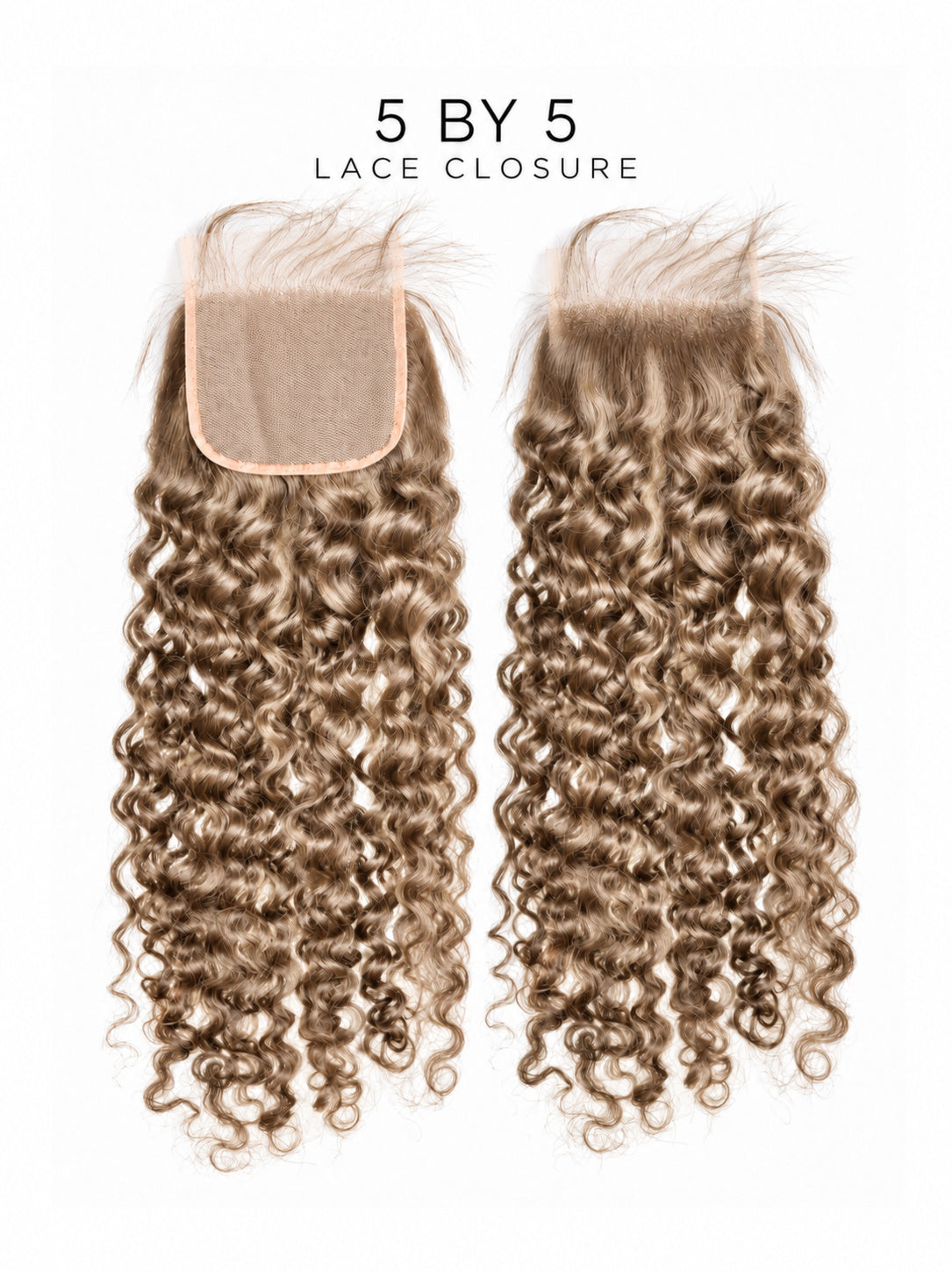 5x5 lace closure with voluminous tight curls in brown, lace cap visible
