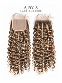 5x5 lace closure with tight curls, medium-dark brown