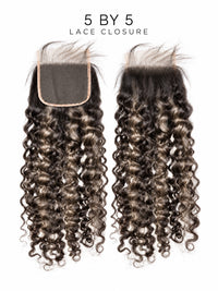 5x5 lace closure with curly hair, dark espresso curls with warm brown highlights