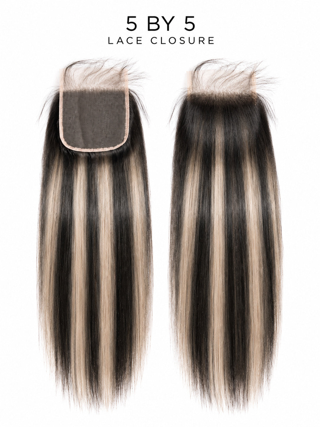 5x5 HD lace closure set with straight dark hair and light highlights; lace base shown