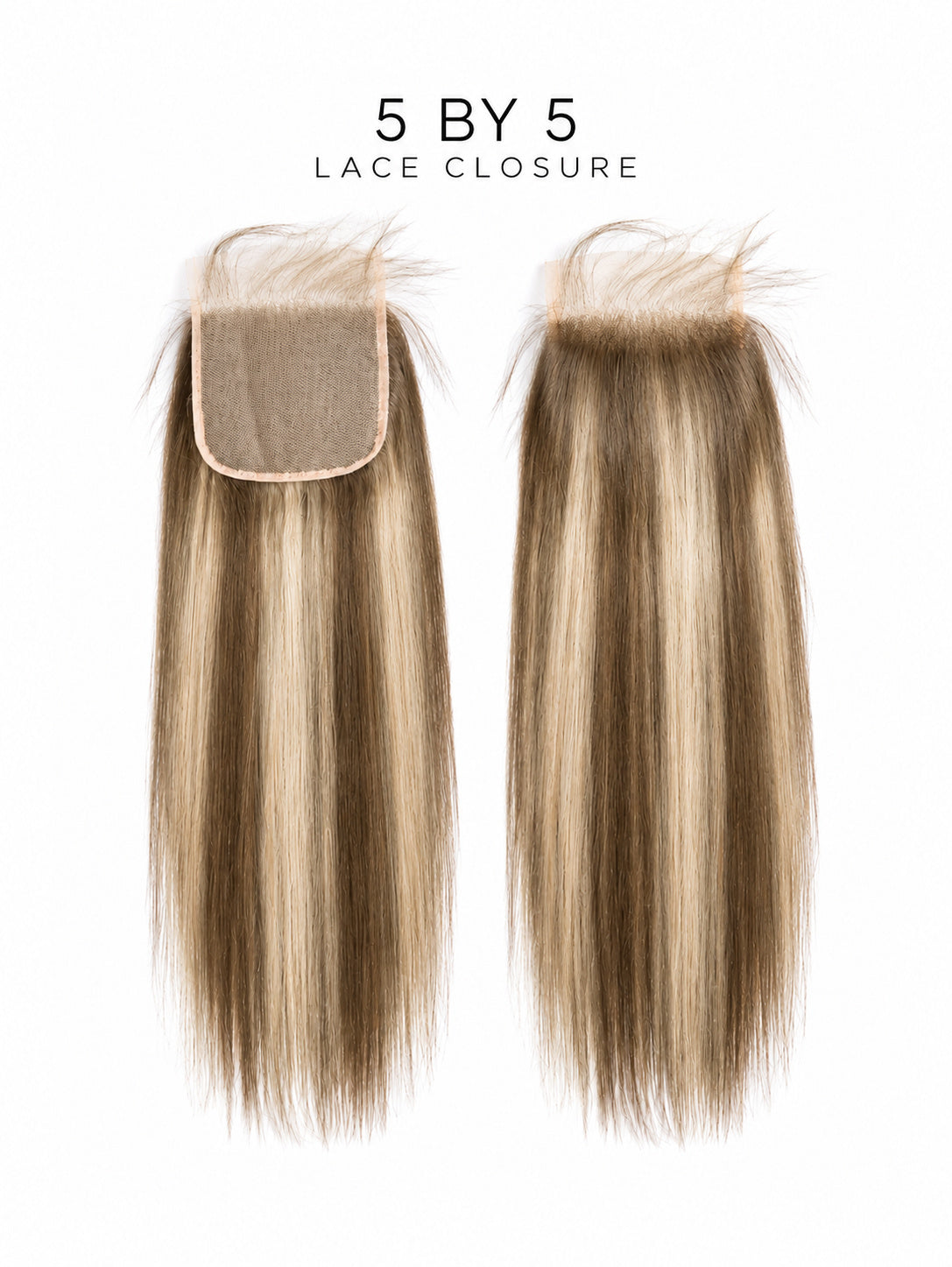 5x5 lace closure with straight golden blonde hair, light lace cap detail