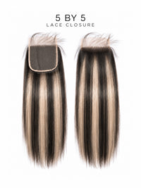 5x5 lace closure with straight hair, ash-blonde lengths and darker roots, two panels