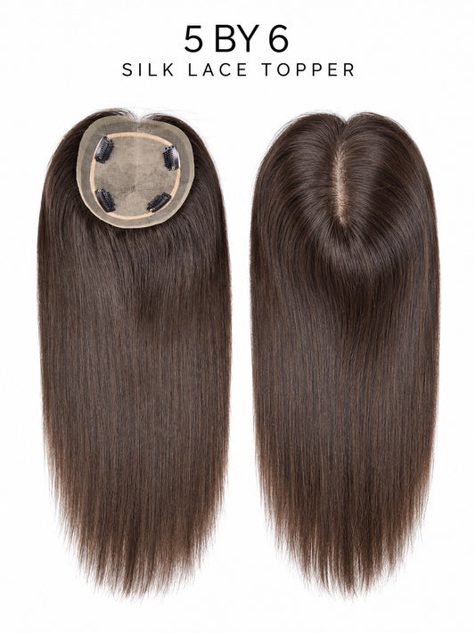 Silk lace hair topper with straight dark brown hair, center part, 5x6 size