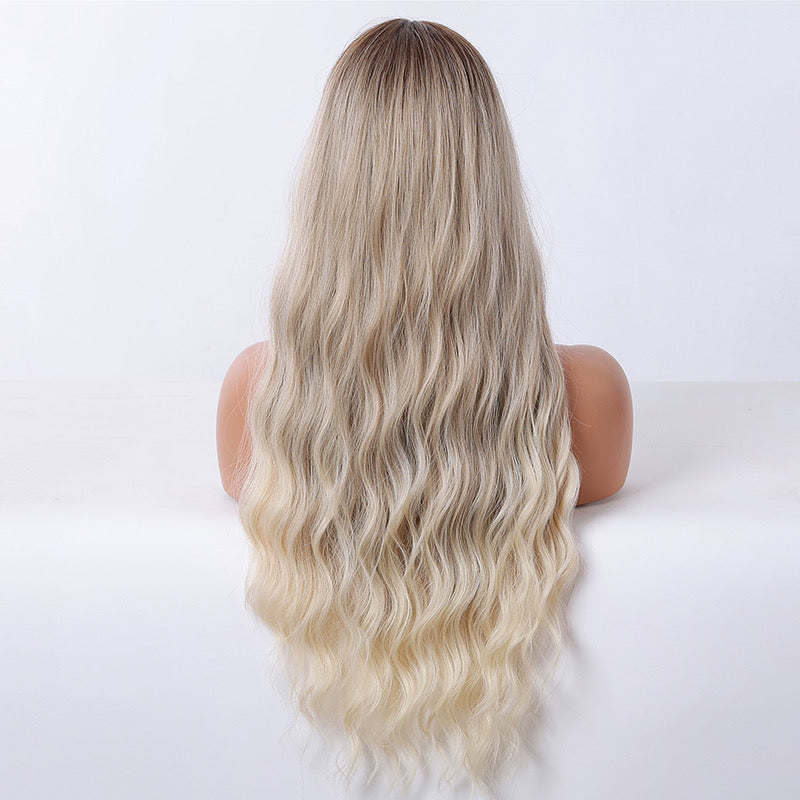 Long ombre body wave synthetic wig, back view with platinum blonde wavy ends