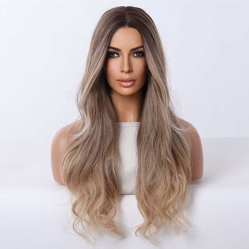 Long ash blonde ombre body wave synthetic blend wig, front view with wavy hair