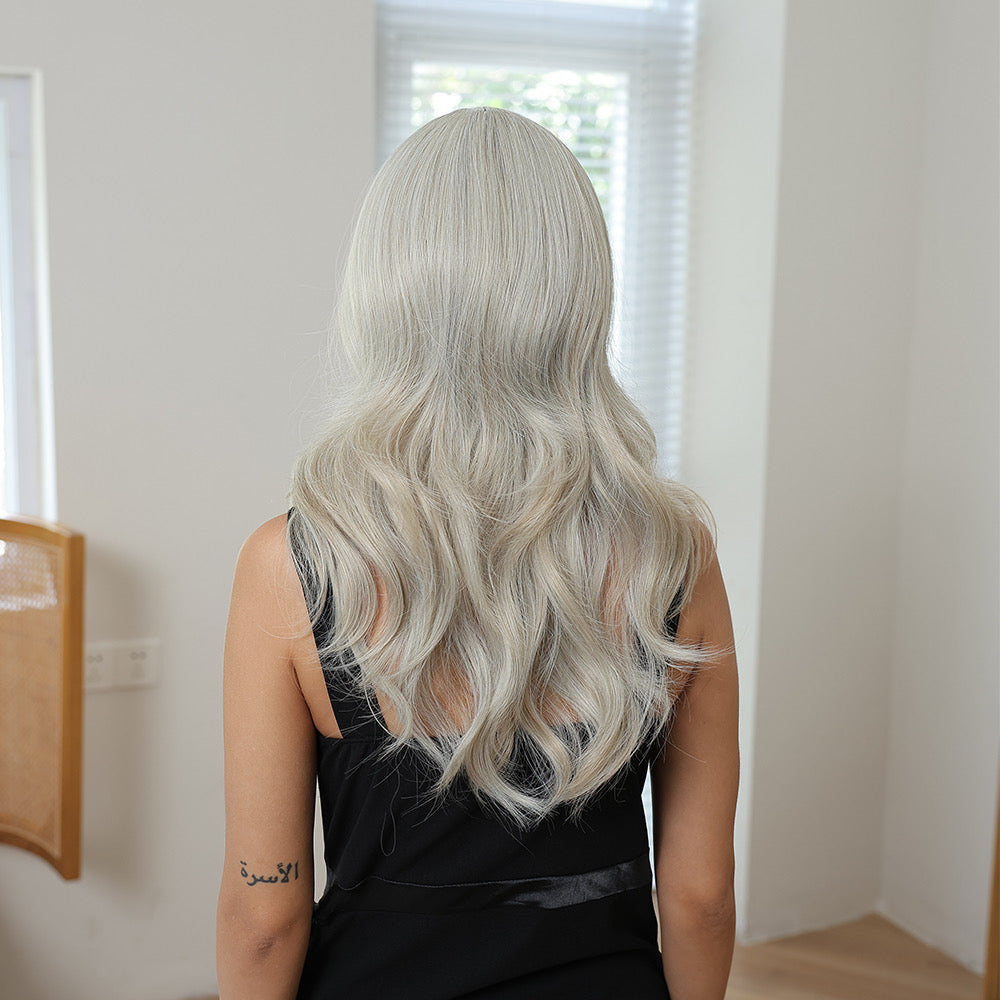 Synthetic blend wig with ash blonde wavy back and curtain bangs