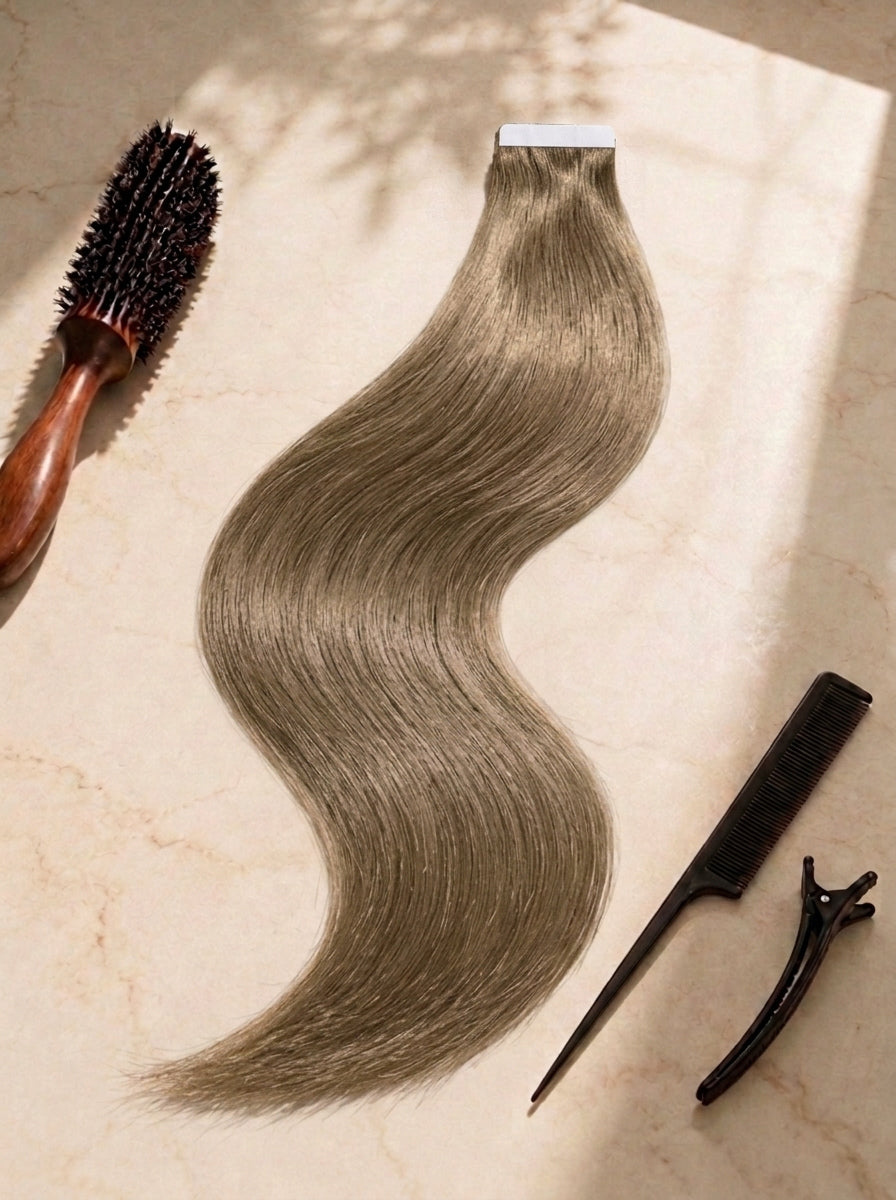 Straight tape-in hair extension piece, long muted brown wavy bundle with visible tape tabs