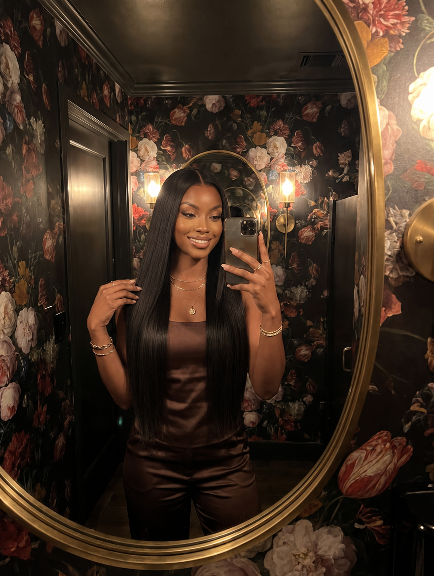 Long straight black wig worn with lace front, mirror selfie, side-part style