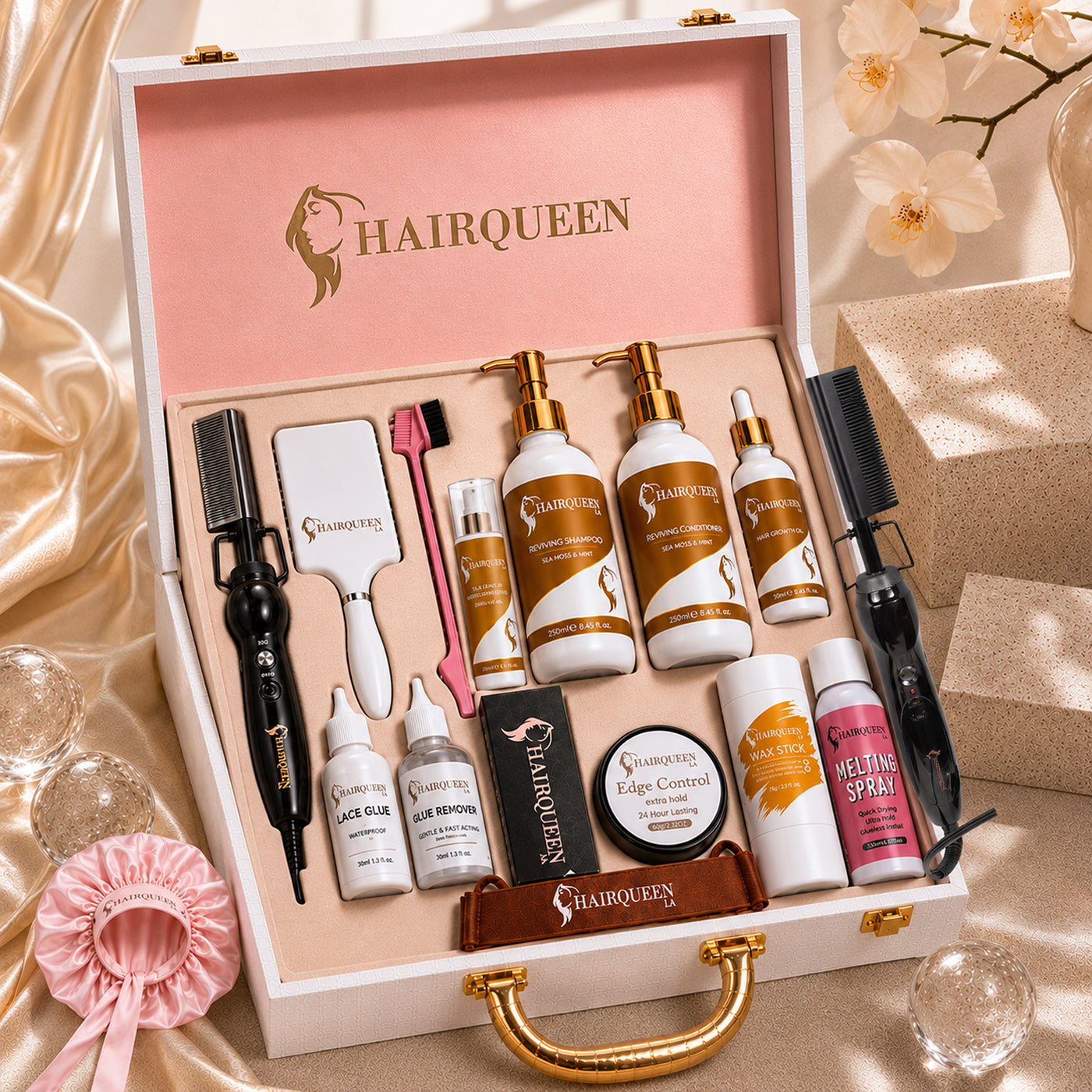 Luxury wig care kit in open HAIRQUEEN case with bottles, brushes, lace glue, and edge control