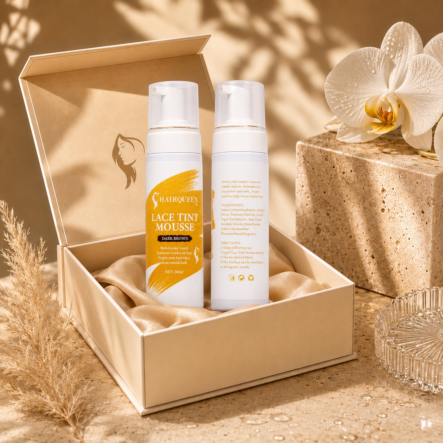 Lace tint mousse bottles in open gift box, dark brown bottles
