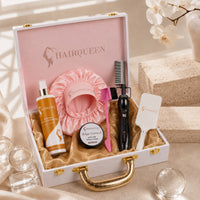 Hair care bundle kit with pink satin hair bonnet, edge control, heat brush, comb and bottles
