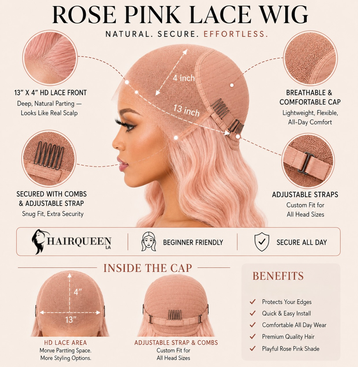 Long baby pink wavy wig with crimped twin top knots, shown on model profile
